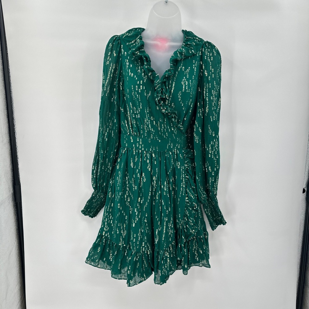 Lilly Pulitzer Birdy Silk Wrap Dress size 4 Green Metallic Mini Fish Clip